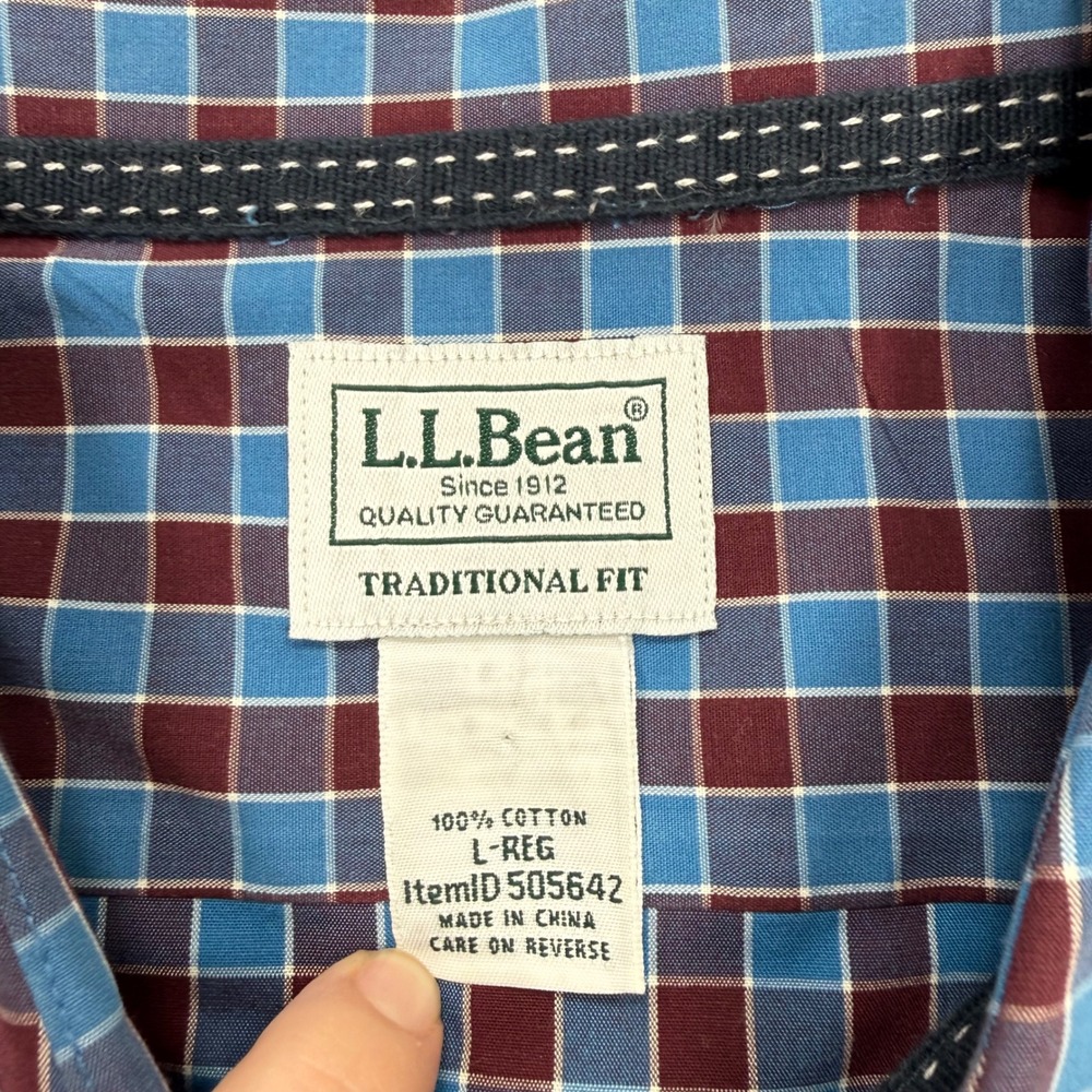 LL Bean Mens Large Traditional Fit Plaid Button Down Shirt Blue Burgundy 505642 - Picture 3 of 8